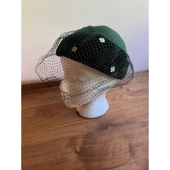 Vintage 1950s Emerald Green Boiled Wool + Velvet Trim Hat With Crystal Shamrocks
